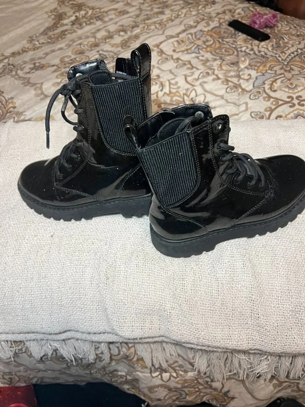 Art Class Girls Black Patent Combat Boots Size 3Y